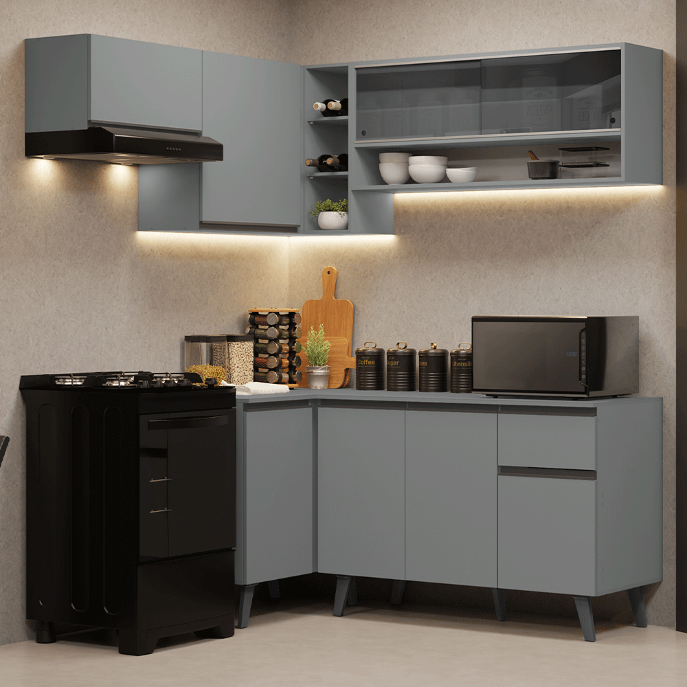 Armário de Cozinha Completa de Canto 325cm Cinza Nice Madesa 04