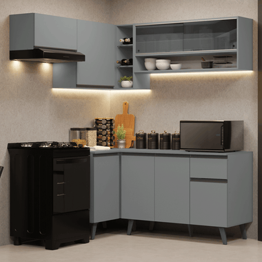 Armário de Cozinha Completa de Canto 325cm Cinza Nice Madesa 04