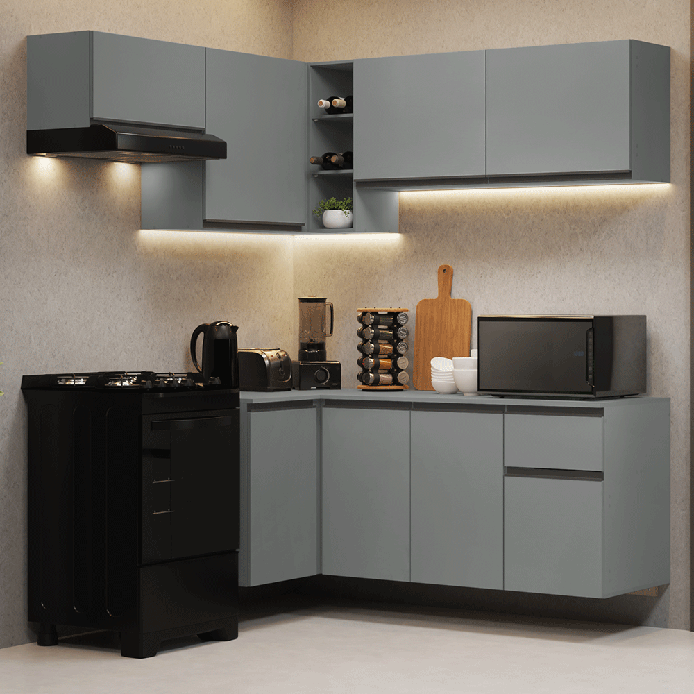 Armário de Cozinha Completa de Canto Suspenso 325cm Cinza Nice Madesa 05