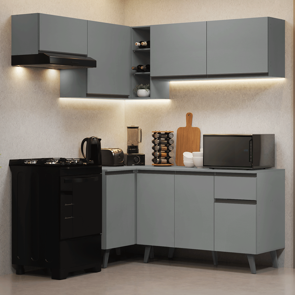 Armário de Cozinha Completa de Canto 325cm Cinza Nice Madesa 06