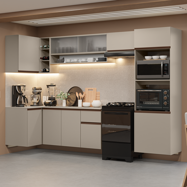 Armário de Cozinha Completa de Canto Suspenso 385cm Crema Nice Madesa 01