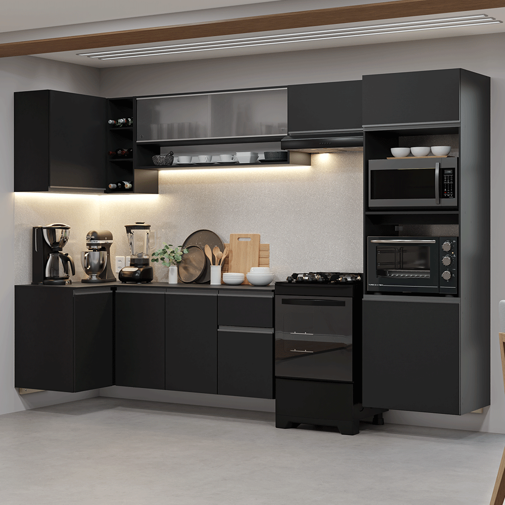 Armário de Cozinha Completa de Canto Suspenso 385 cm Preto Nice Madesa 01