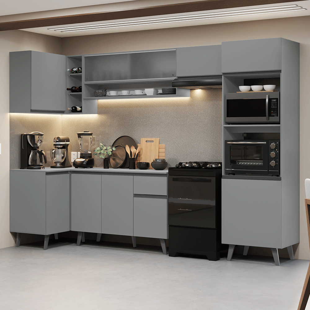 Armário de Cozinha Completa de Canto 385cm Cinza Nice Madesa 03
