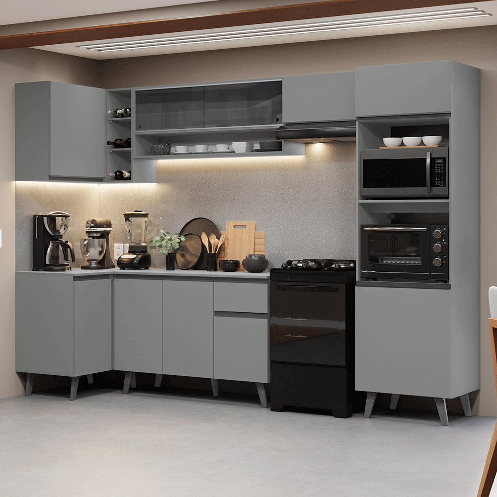 Armário de Cozinha Completa de Canto 385cm Cinza Nice Madesa 04