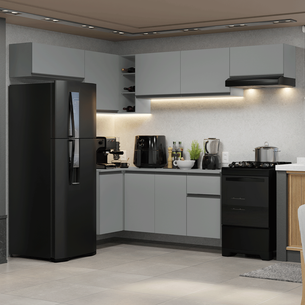 Armário de Cozinha Completa de Canto Suspenso 405cm Cinza Nice Madesa 01