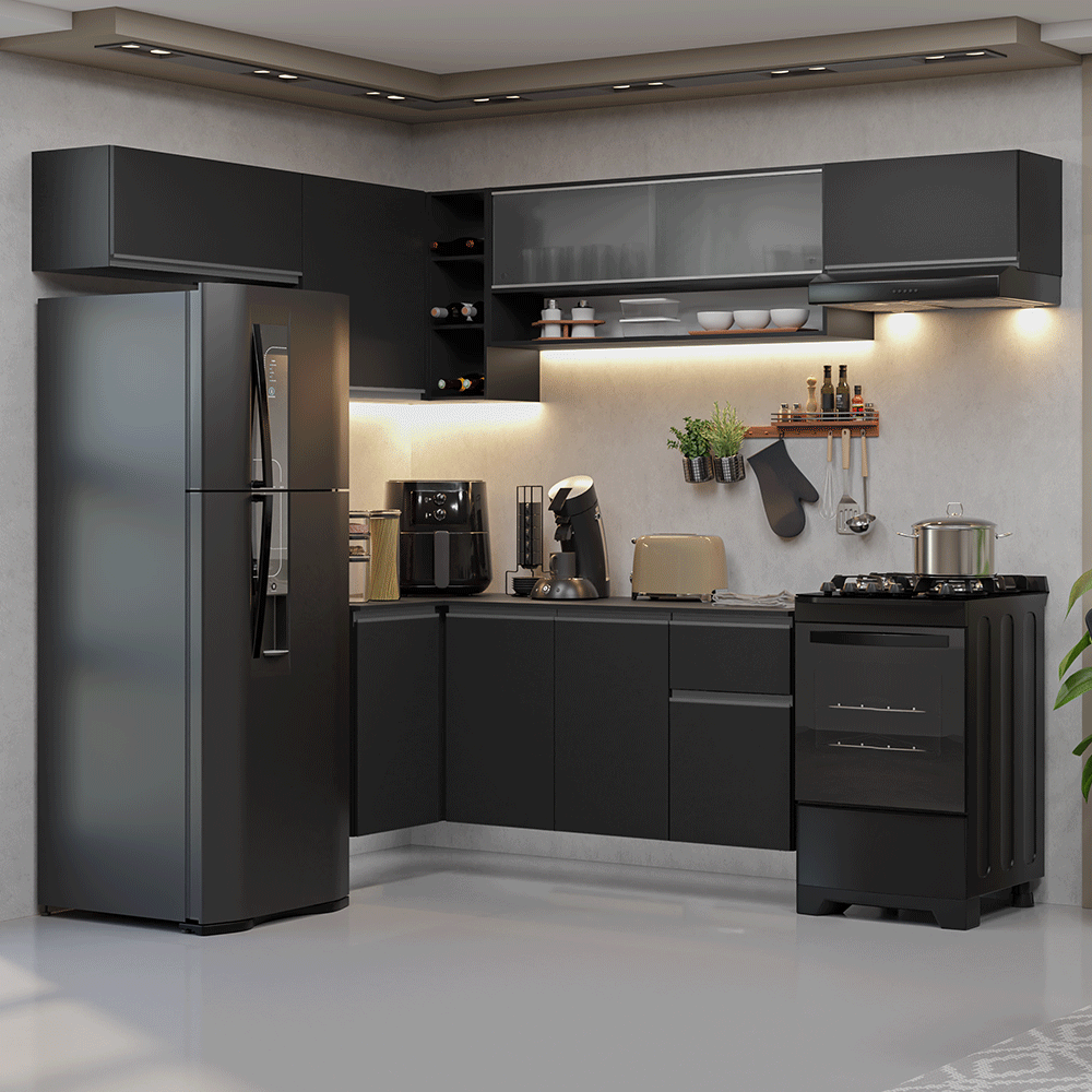 Armário de Cozinha Completa de Canto Suspenso 405 cm Preto Nice Madesa 03