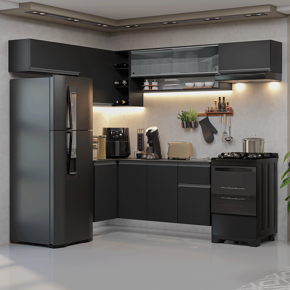 Armário de Cozinha Completa de Canto Suspenso 405 cm Preto Nice Madesa 04