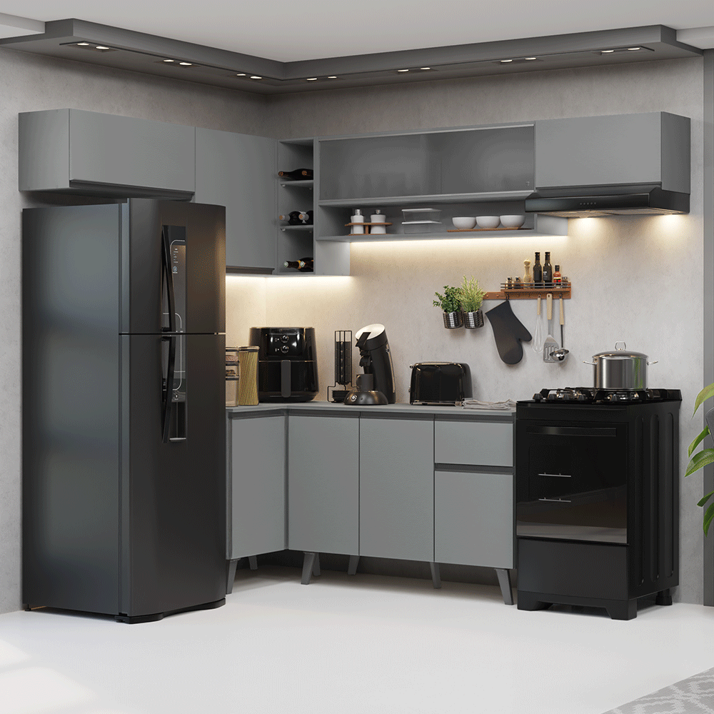 Armário de Cozinha Completa de Canto 405cm Cinza Nice Madesa 05