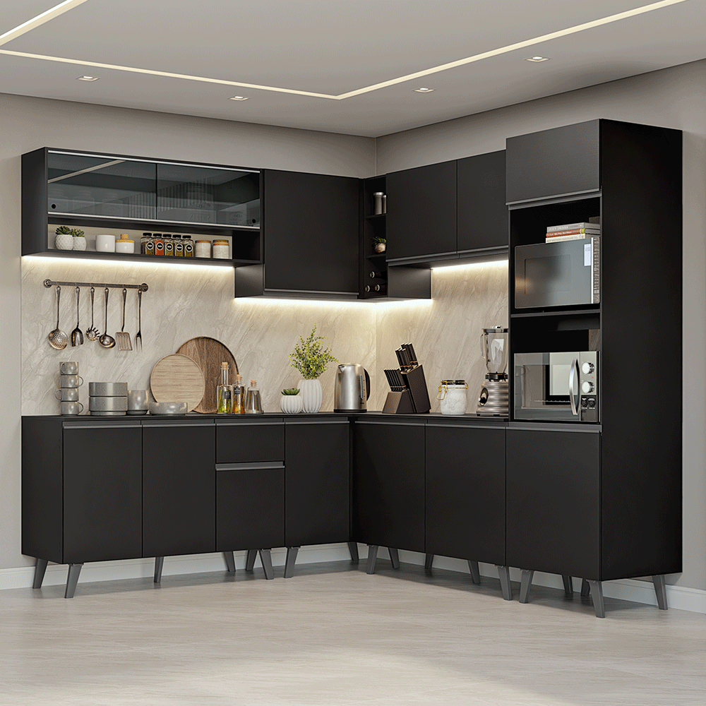 Armário de Cozinha Completa de Canto 445 cm Preto Nice Madesa 01
