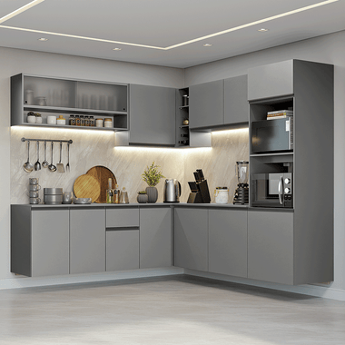 Armário de Cozinha Completa de Canto 445cm Suspensa Cinza Nice Madesa 03