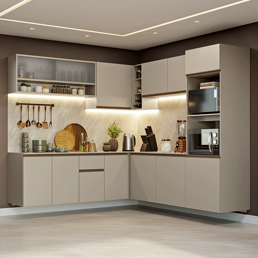 Armário de Cozinha Completa de Canto 445cm Suspensa Crema Nice Madesa 03