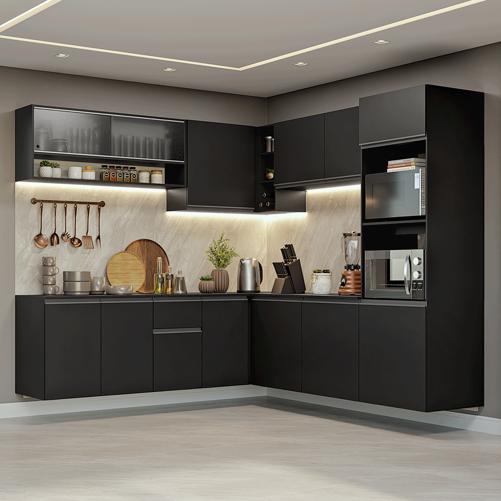 Armário de Cozinha Completa de Canto 445 cm Suspenso Preto Nice Madesa 03