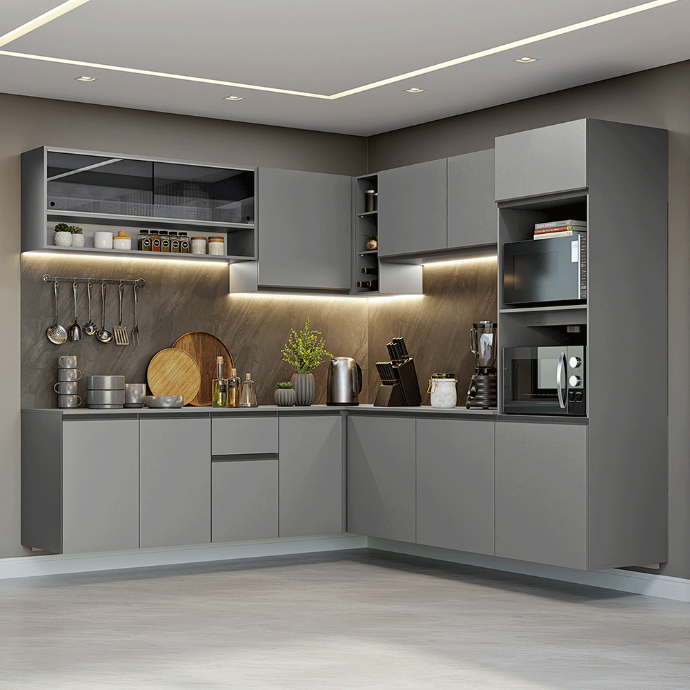 Armário de Cozinha Completa de Canto 445cm Suspensa Cinza Nice Madesa 04