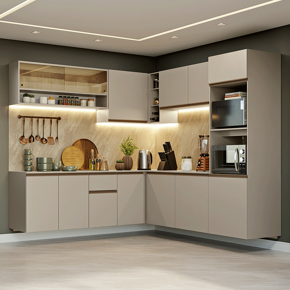 Armário de Cozinha Completa de Canto 445cm Suspensa Crema Nice Madesa 04