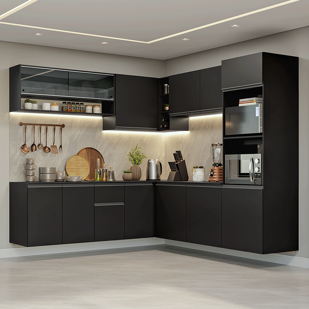 Armário de Cozinha Completa de Canto 445 cm Suspenso Preto Nice Madesa 04