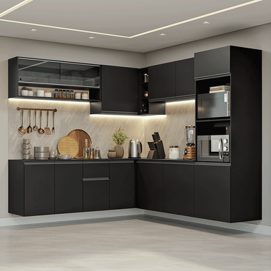 Armário de Cozinha Completa de Canto 445 cm Suspenso Preto Nice Madesa 04