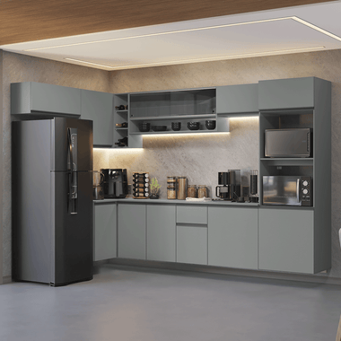 Armário de Cozinha Completa de Canto Suspenso 465cm Cinza Nice Madesa 03