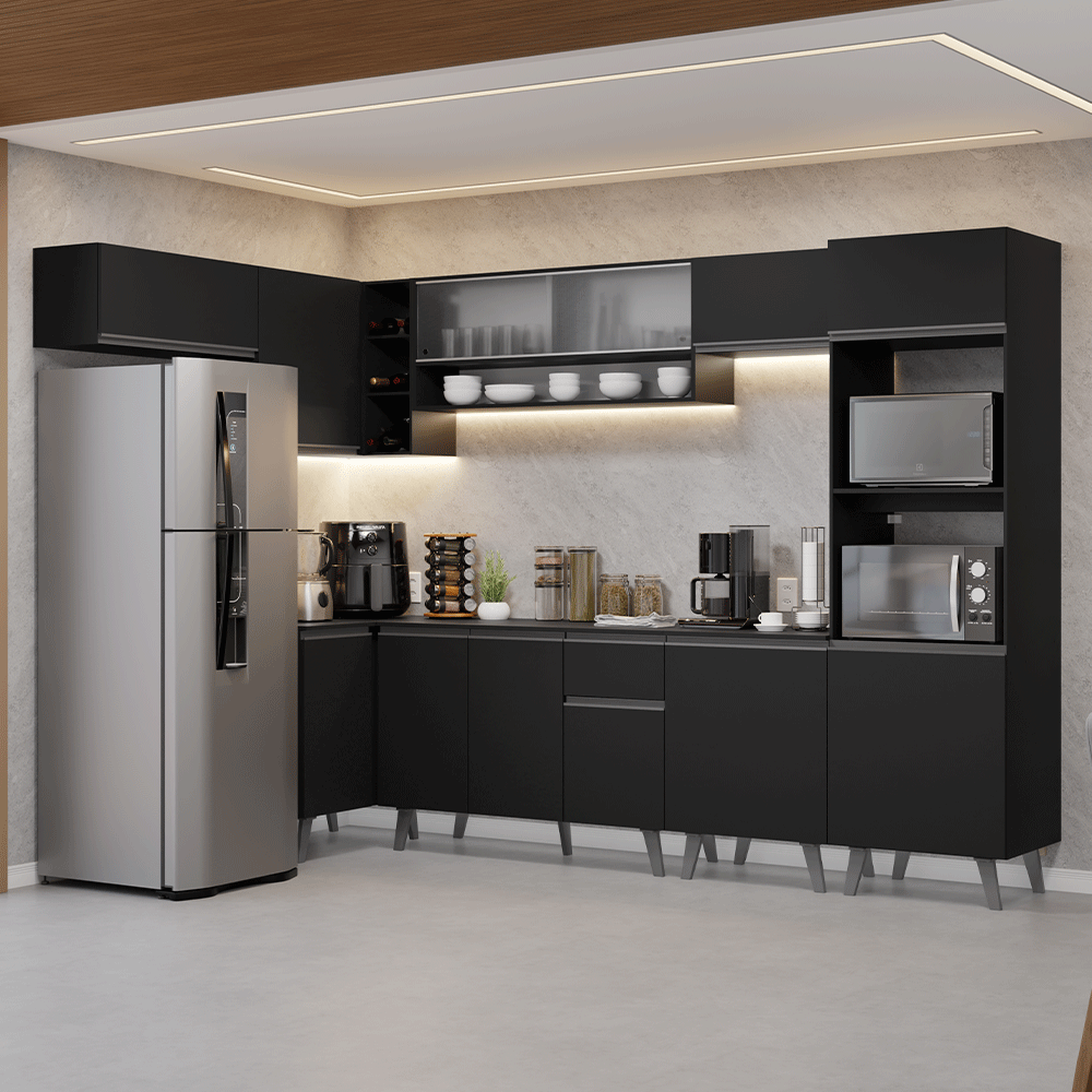 Armário de Cozinha Completa de Canto 465 cm Preto Nice Madesa 04