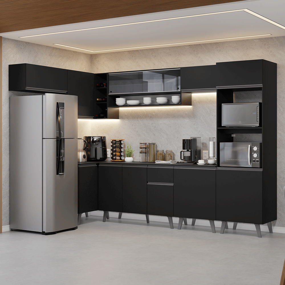 Armário de Cozinha Completa de Canto 465 cm Preto Nice Madesa 05