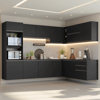 Armário de Cozinha Completa de Canto 465 cm Suspenso Preto Nice Madesa 10