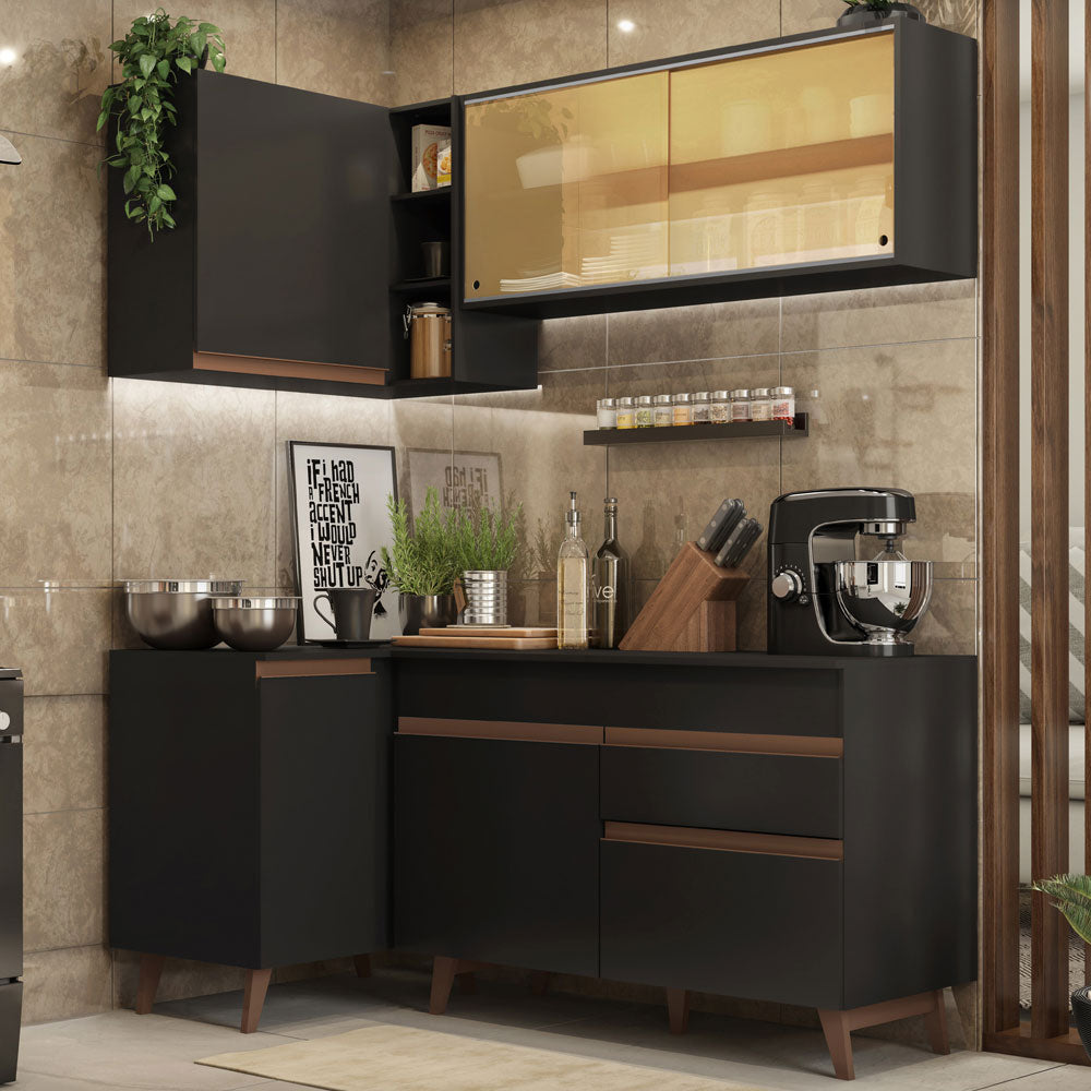 Armário de Cozinha Completa de Canto 262cm Preto Reims Madesa 01