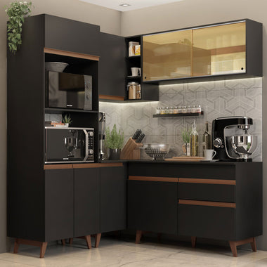 Armário de Cozinha Completa de Canto 332cm Preto Reims Madesa 01