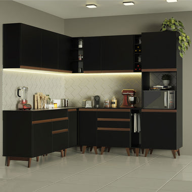 Armário de Cozinha Completa de Canto 437cm Preto Reims Madesa 01