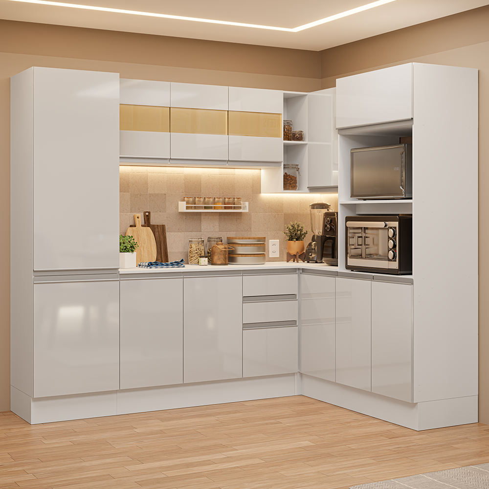 Armário de Cozinha Completa de Canto 100% MDF 377cm Smart Branco Brilhante Madesa 01