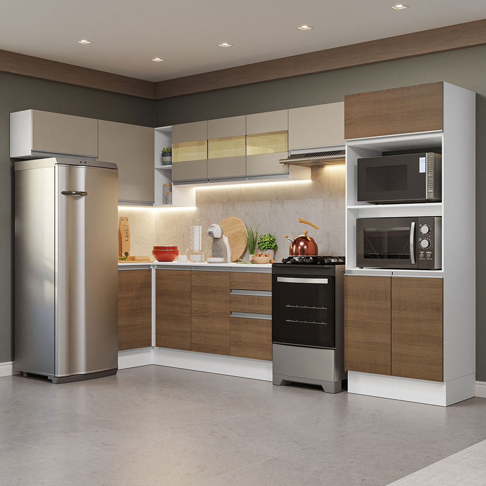 Armário de Cozinha Completa de Canto 100% MDF 447cm Branco/Rustic/Crema Smart Madesa 01