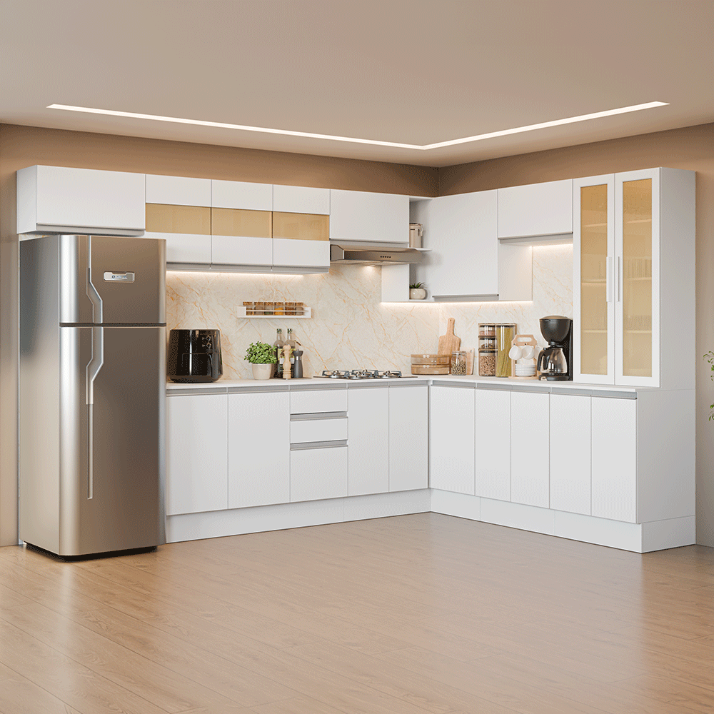 Armário de Cozinha Completa de Canto 507 cm Branco Smart 100% MDF Madesa 01