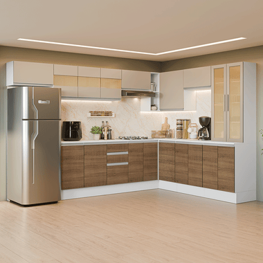 Armário de Cozinha Completa de Canto 507 cm Branco/Rustic/Crema Smart 100% MDF Madesa 01