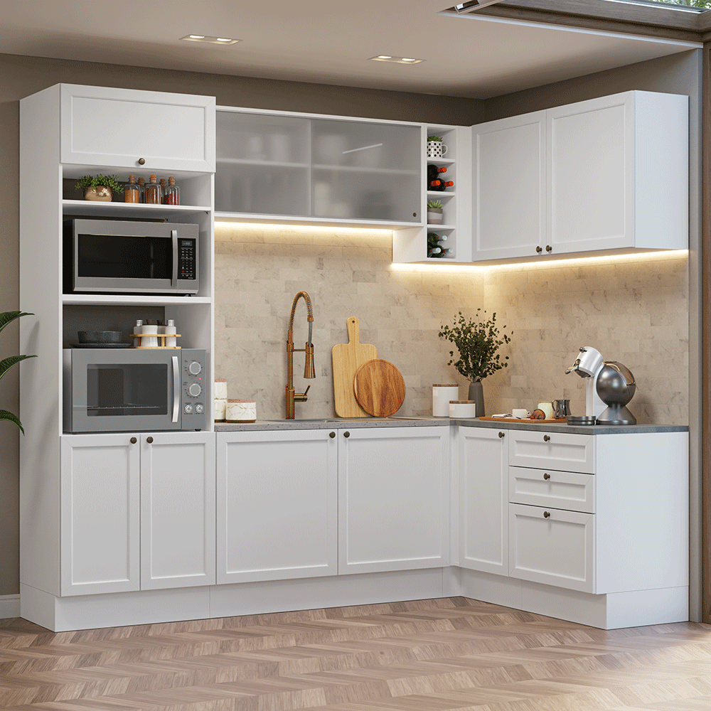 Armário de Cozinha Completa de Canto 399 cm Branco Vik Madesa 01