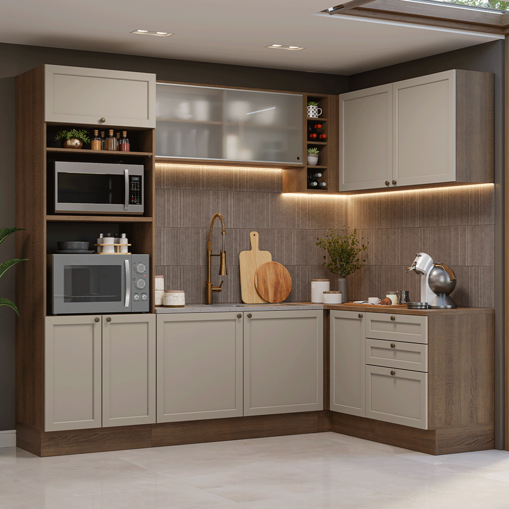 Armário de Cozinha Completa de Canto 399 cm Rustic/Crema Vik Madesa 01