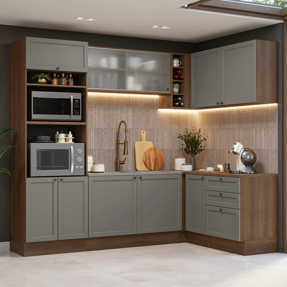 Armário de Cozinha Completa de Canto 399 cm Rustic/Cinza Vik Madesa 01