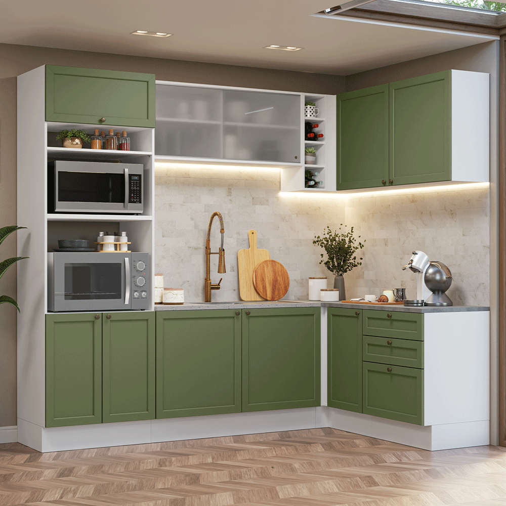 Armário de Cozinha Completa de Canto 399 cm Branco/Verde Vik Madesa 01