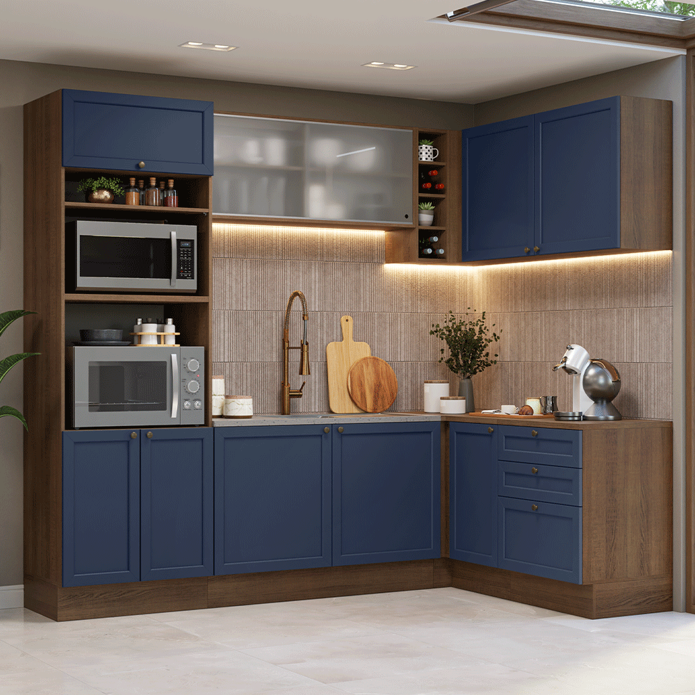 Armário de Cozinha Completa de Canto 399 cm Rustic/Azul Vik Madesa 01