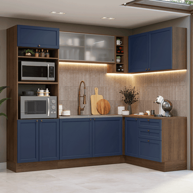 Armário de Cozinha Completa de Canto 399 cm Rustic/Azul Vik Madesa 01