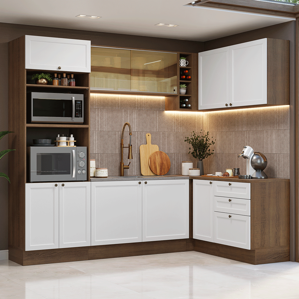 Armário de Cozinha Completa de Canto 399 cm Rustic/Branco Vik Madesa 02