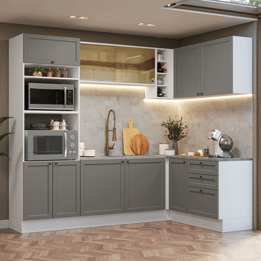 Armário de Cozinha Completa de Canto 399 cm Branco/Cinza Vik Madesa 02