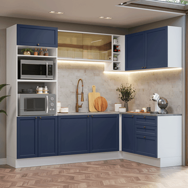Armário de Cozinha Completa de Canto 399 cm Branco/Azul Vik Madesa 02