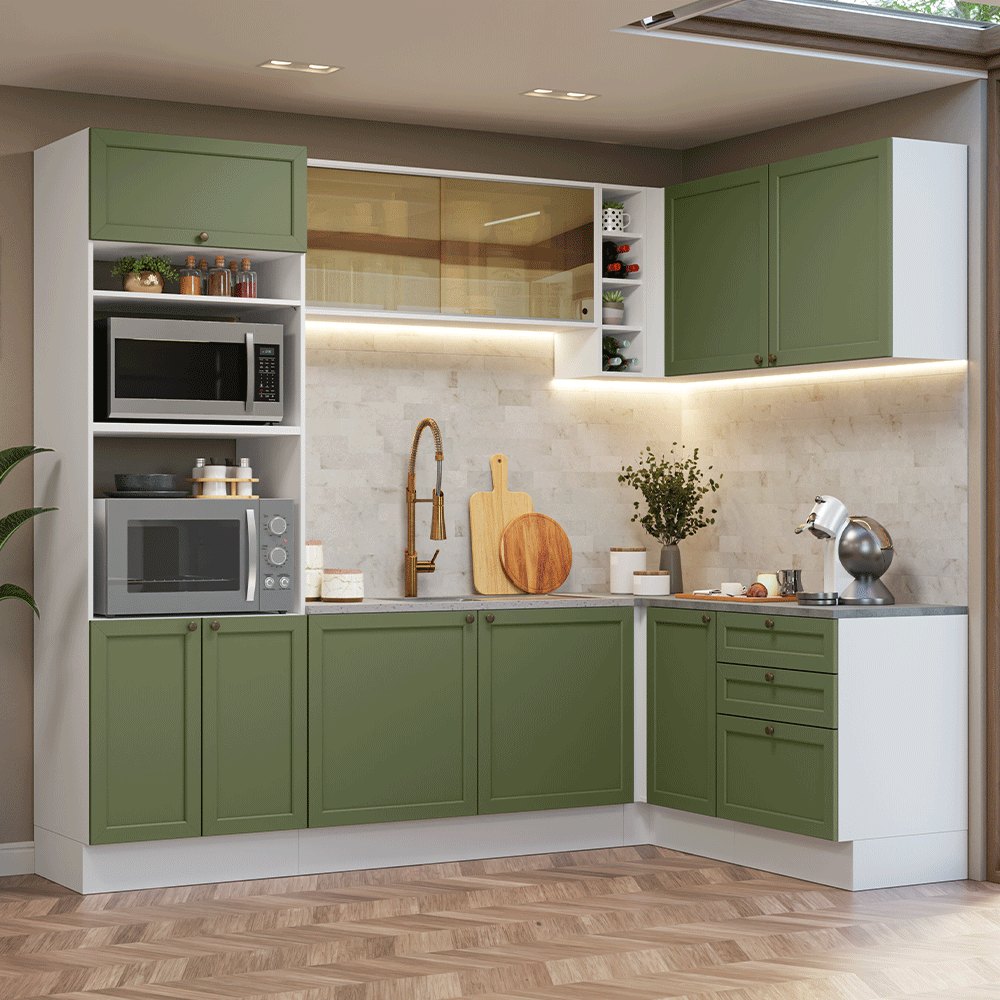 Armário de Cozinha Completa de Canto 399 cm Branco/Verde Vik Madesa 02