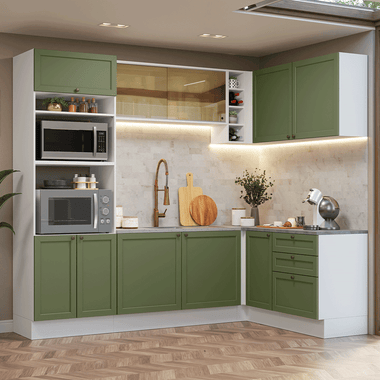Armário de Cozinha Completa de Canto 399 cm Branco/Verde Vik Madesa 02