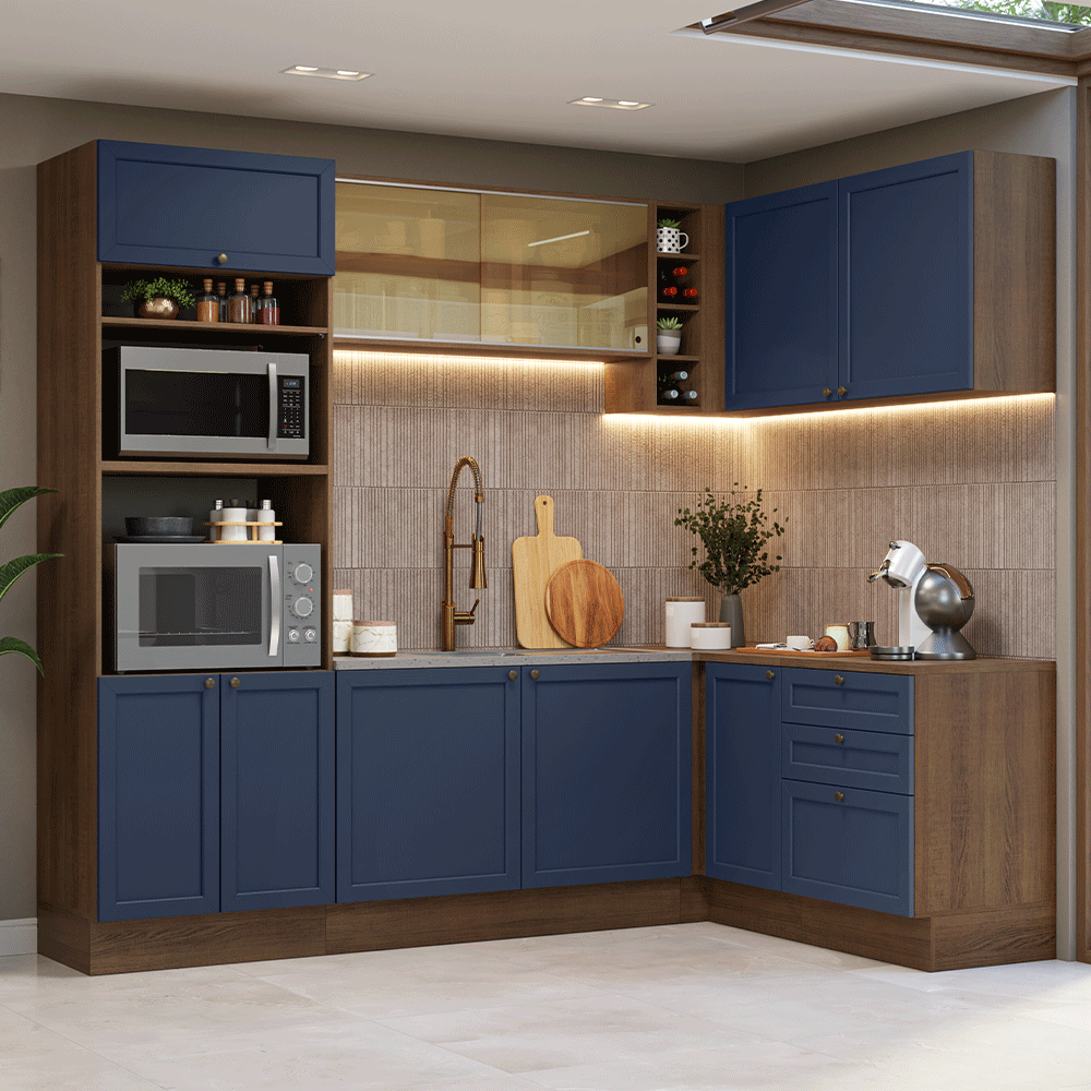 Armário de Cozinha Completa de Canto 399 cm Rustic/Azul Vik Madesa 02