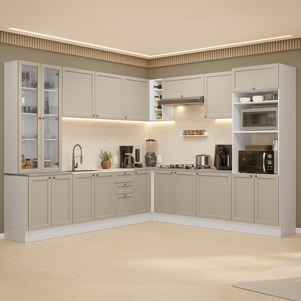Armário de Cozinha Completa de Canto 549 cm Branco/Crema Vik Madesa 01