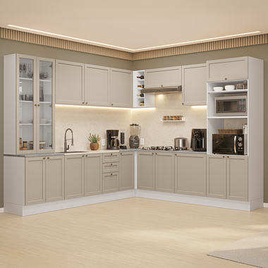 Armário de Cozinha Completa de Canto 549 cm Branco/Crema Vik Madesa 01
