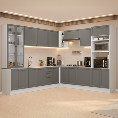 Armário de Cozinha Completa de Canto 549 cm Branco/Cinza Vik Madesa 01
