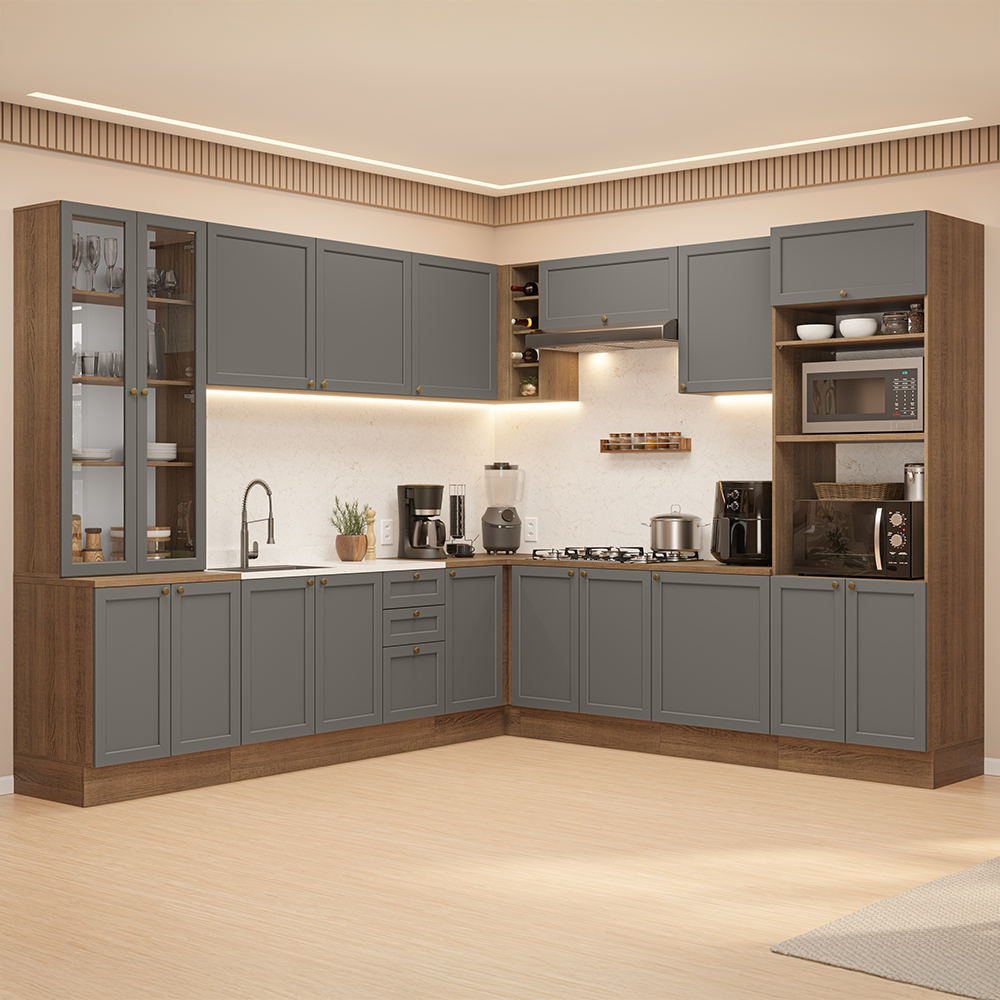 Armário de Cozinha Completa de Canto 549 cm Rustic/Cinza Vik Madesa 01