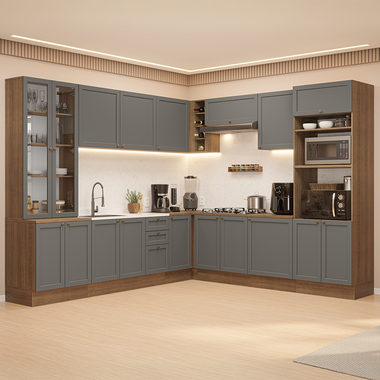Armário de Cozinha Completa de Canto 549 cm Rustic/Cinza Vik Madesa 01
