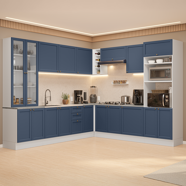 Armário de Cozinha Completa de Canto 549 cm Branco/Azul Vik Madesa 01