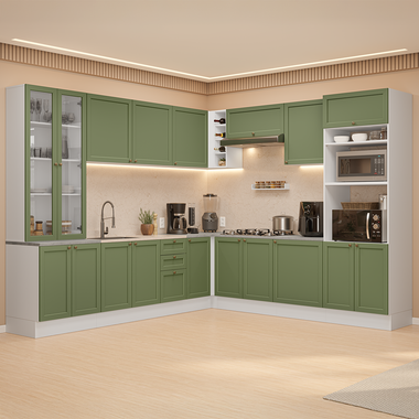 Armário de Cozinha Completa de Canto 549 cm Branco/Verde Vik Madesa 01